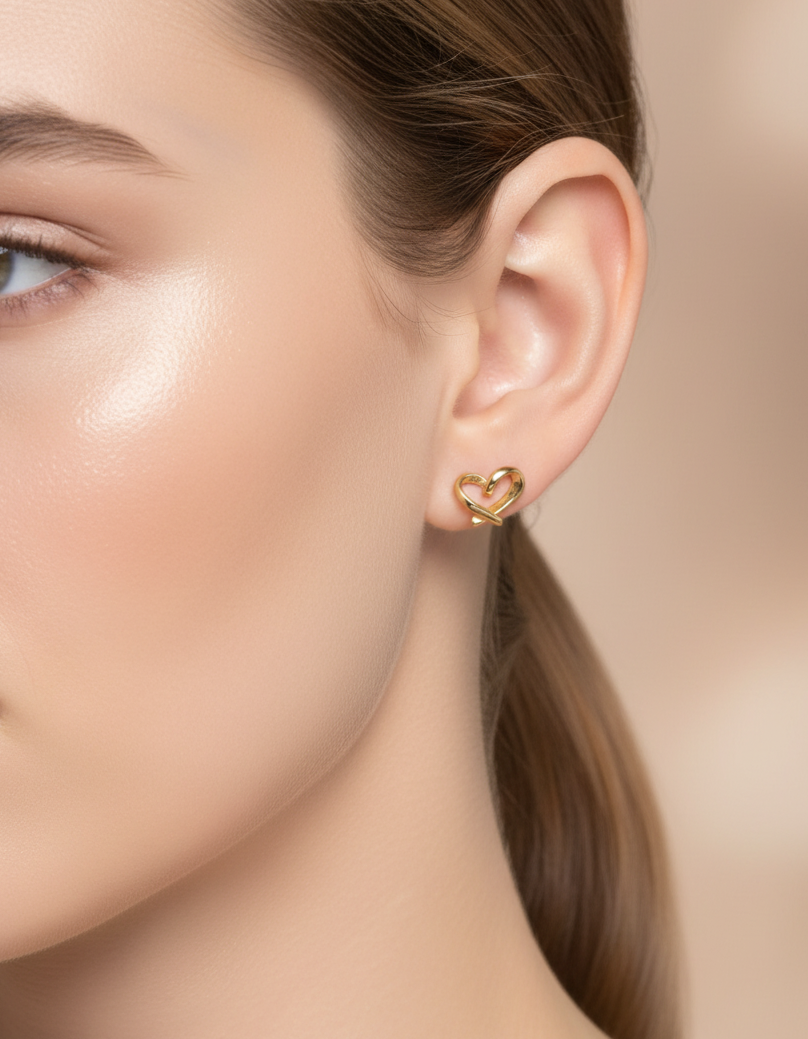 Ribbon Hearts Gold Sterling Silver Stud Earrings