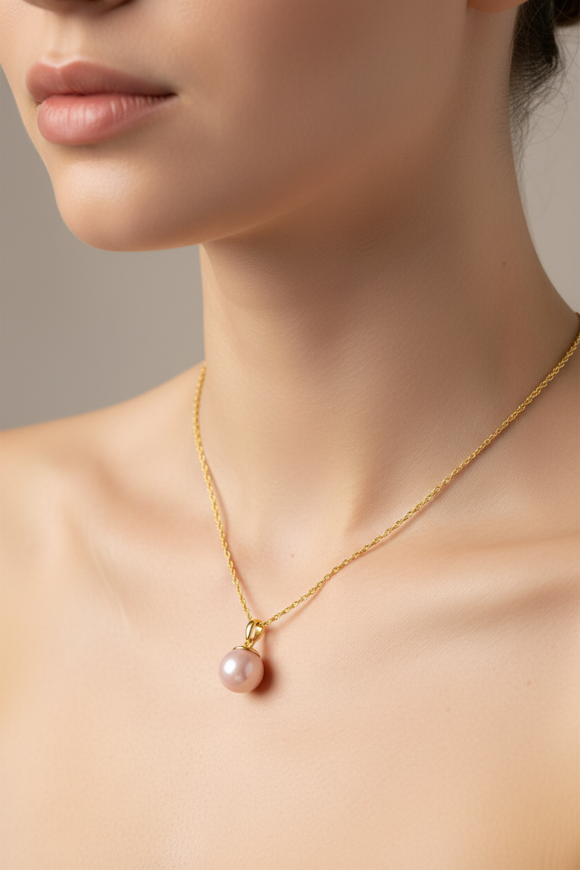 golden necklace with natural pink quartz pendant