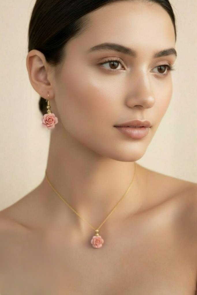 Powder Pink Flower Gold Plated Necklace Pendant
