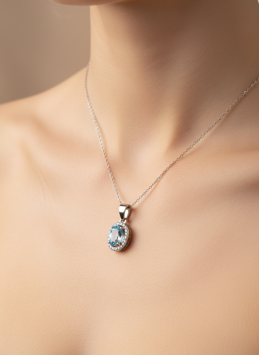 Light Blue Solitaire Sterling Silver Necklace