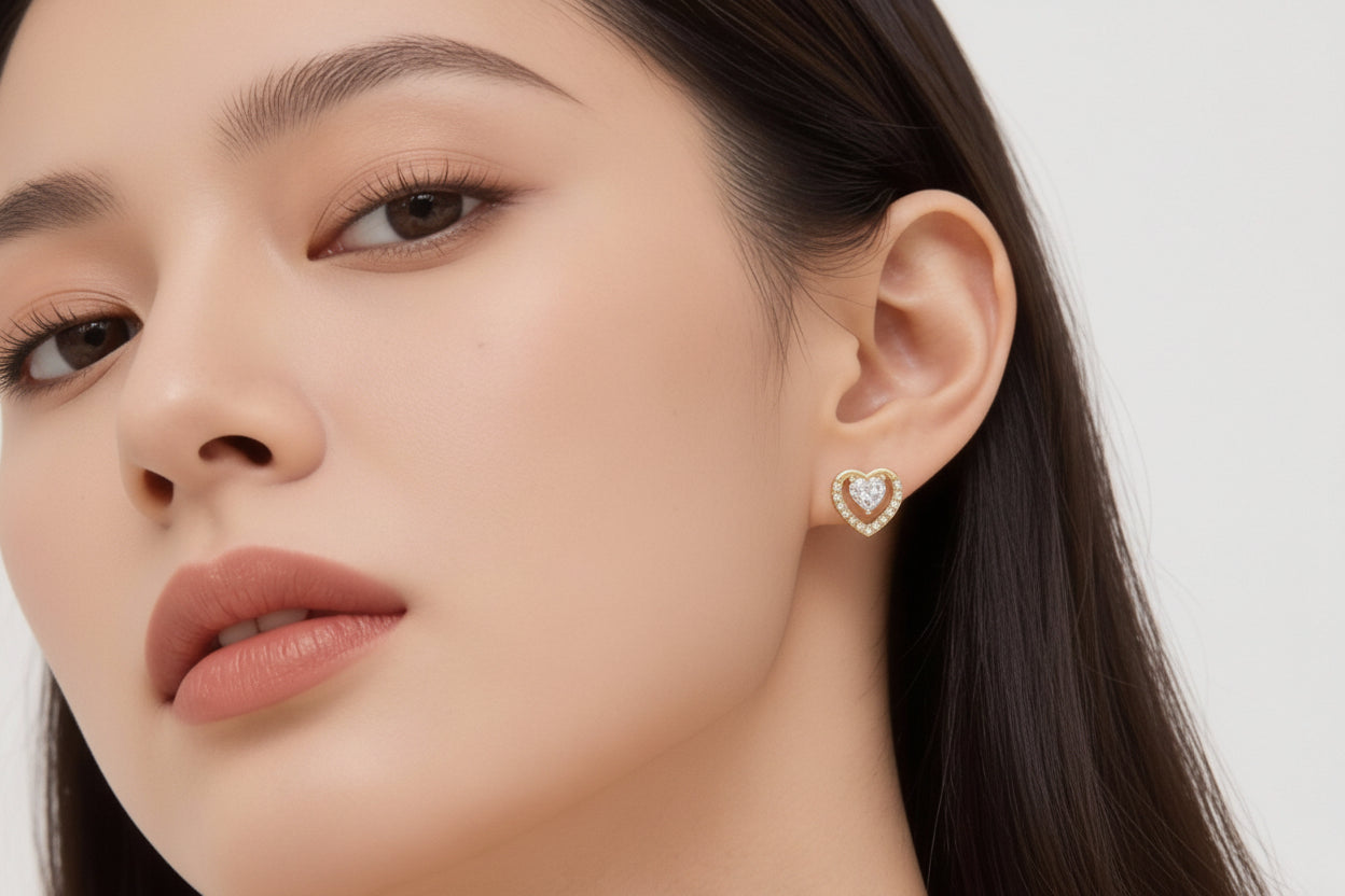 Statement Hearts and Central Stone Stud Earrings