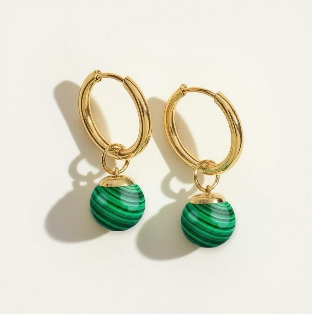 Gold hoop earrings with malachite bead charms 