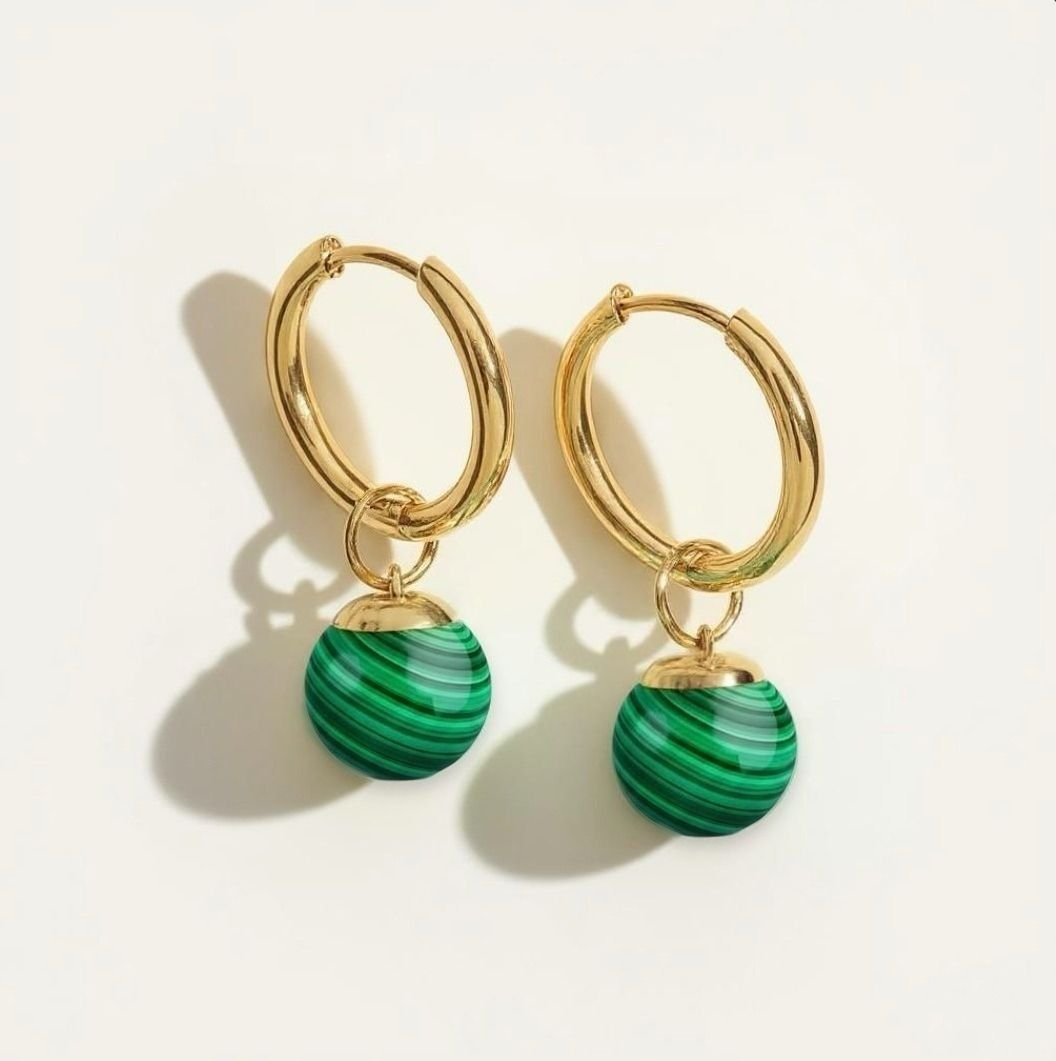 Gold hoop earrings with malachite bead charms 