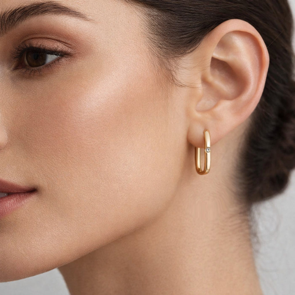 Geometric Gold Hoop Earrings with a Central Stone
