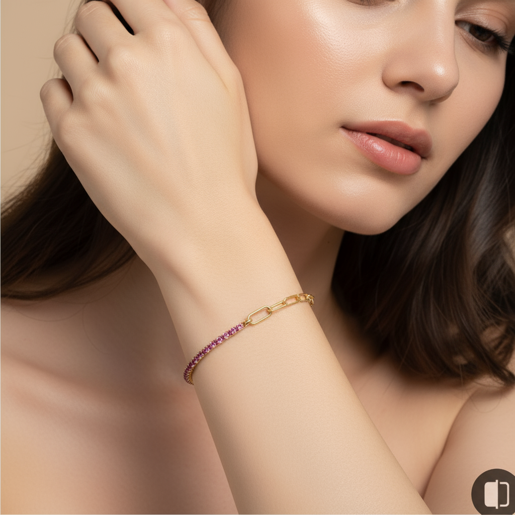 Tennis Bracelet with Paperclip Chain in Red