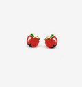 Red apple-shaped earrings with green leaves on a white background