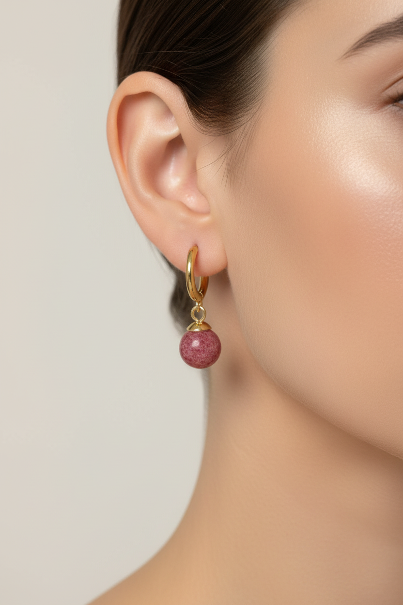Close-up of a woman wearing gold hoop earrings with pink jade dangle beads 