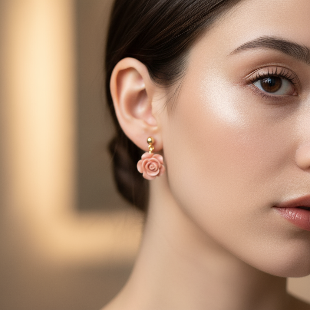 Powder Pink Flowers Gold Drop Earrings