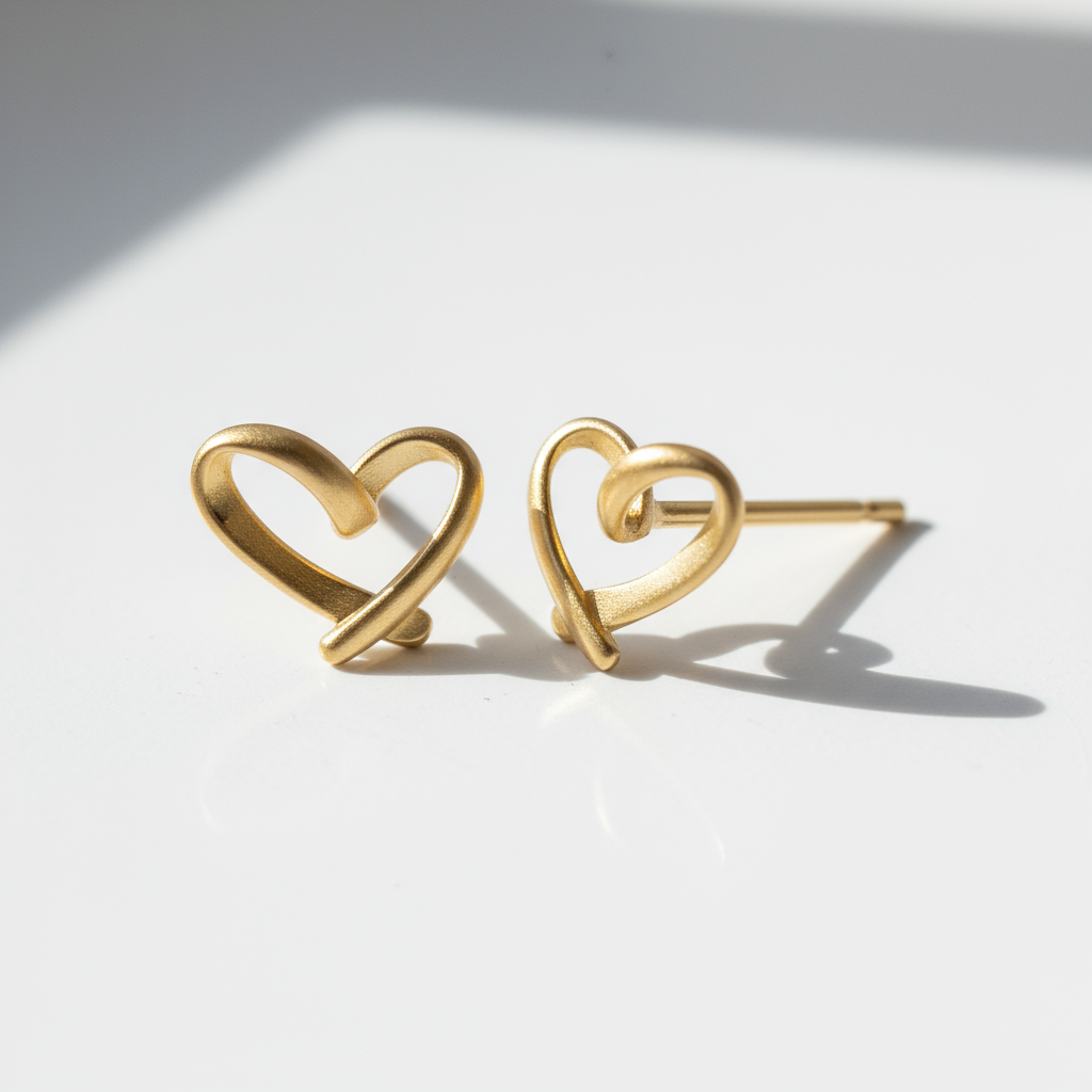 Ribbon Hearts Gold Sterling Silver Stud Earrings