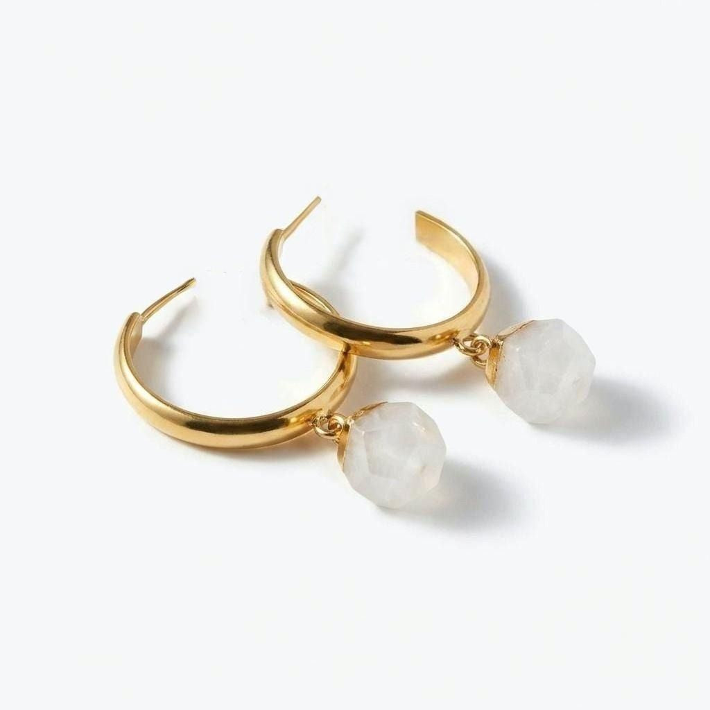 Semi Hoop Earrings with White Nephrite