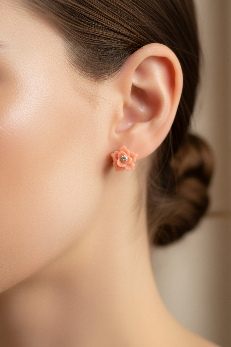 Small Peach Rose Sparkling Flower Stud Earrings