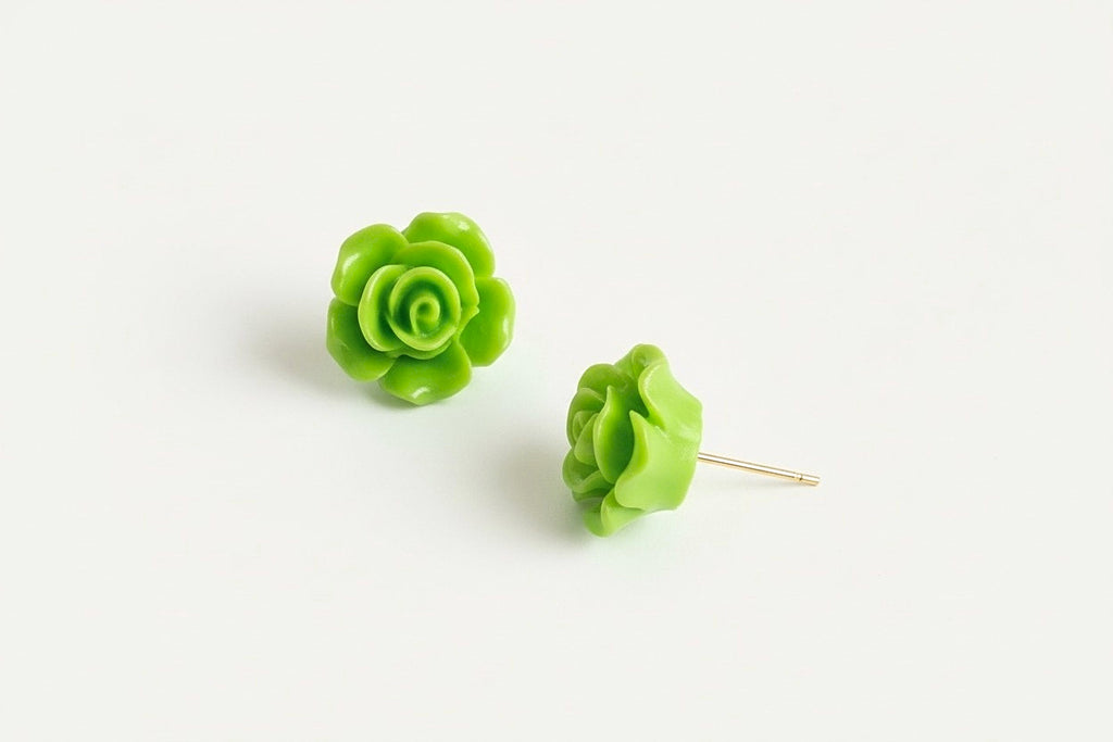 Large Green Rose Flower Earrings