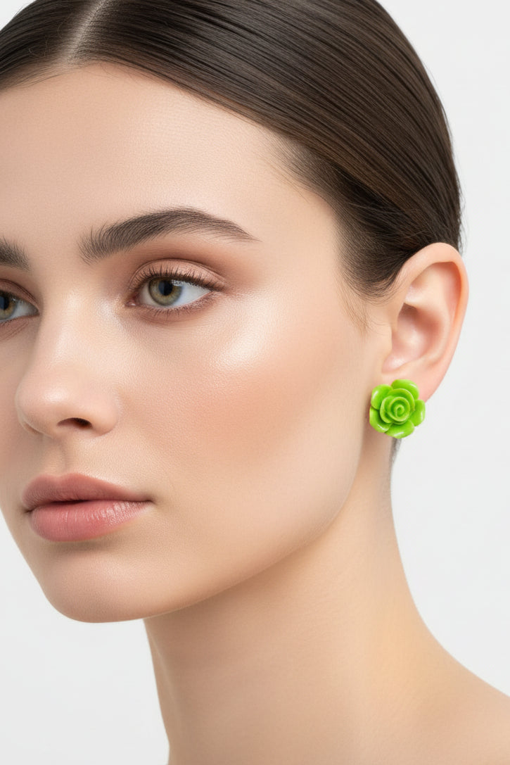 Large Green Rose Flower Earrings
