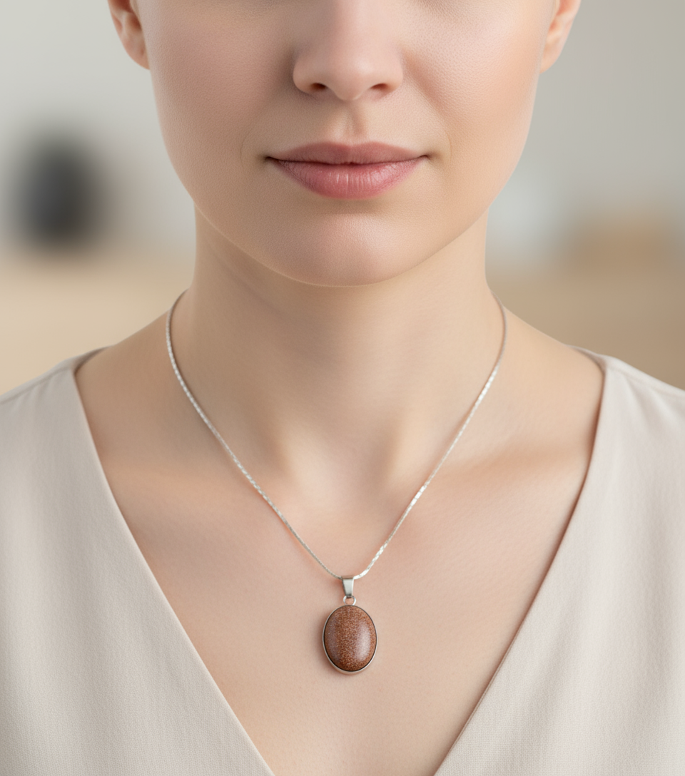 Red Sunstone Stainless Steel Pendant Necklace