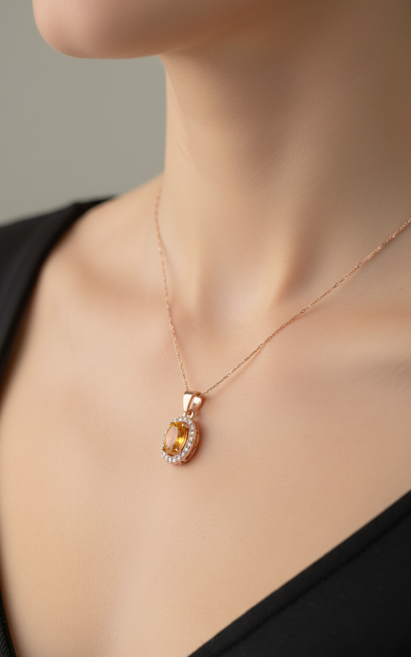 woman with delicate rose golden necklace with central citrine gemstone