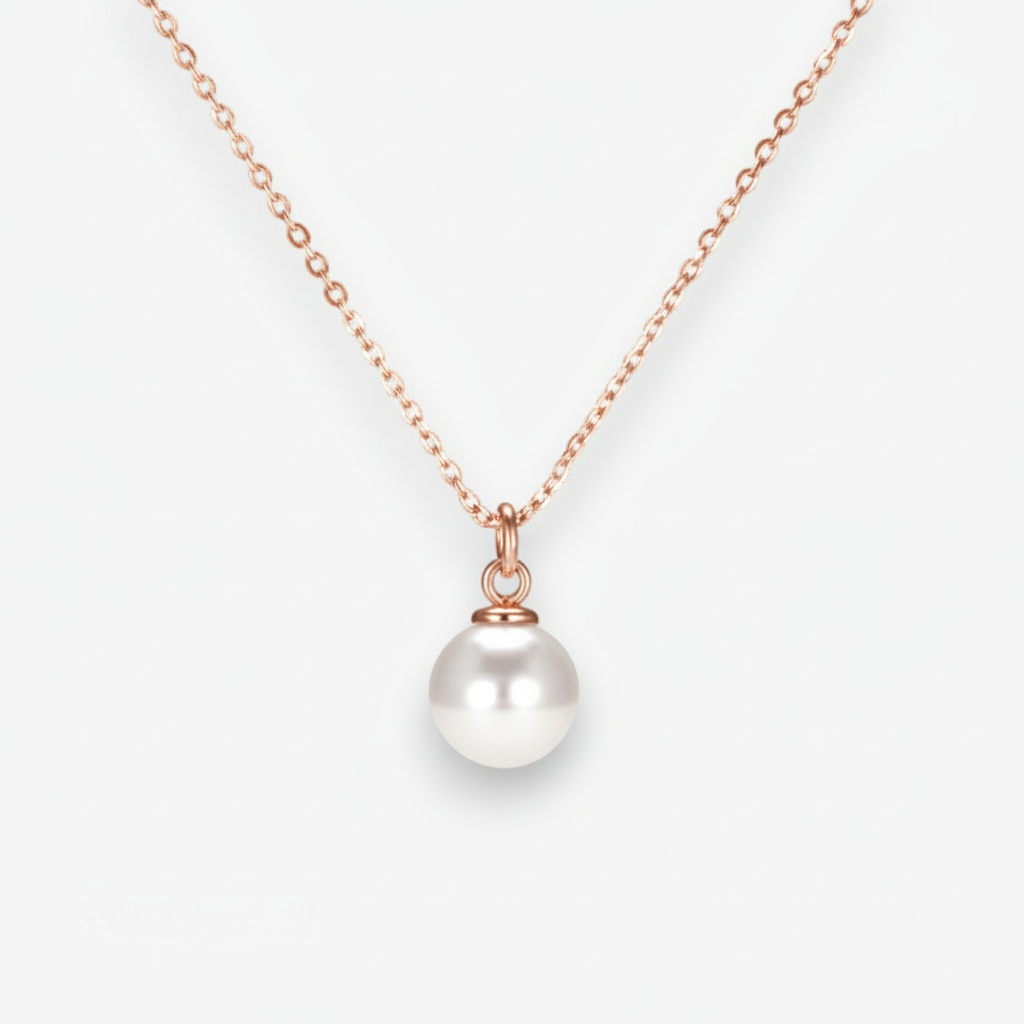Pearl necklace with rose gold chain on a white background
