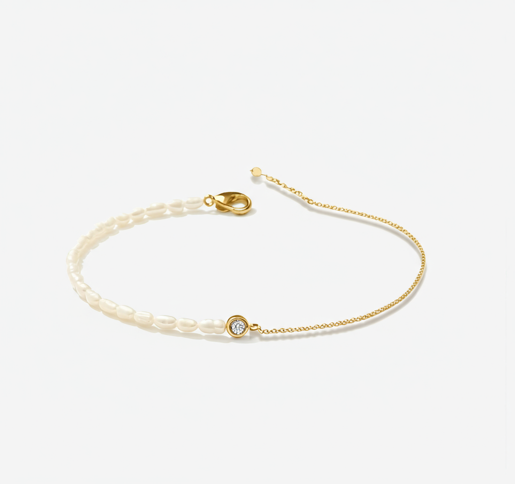 Rice Pearls with Gold Plated Stainless Steel Chain Bracelet