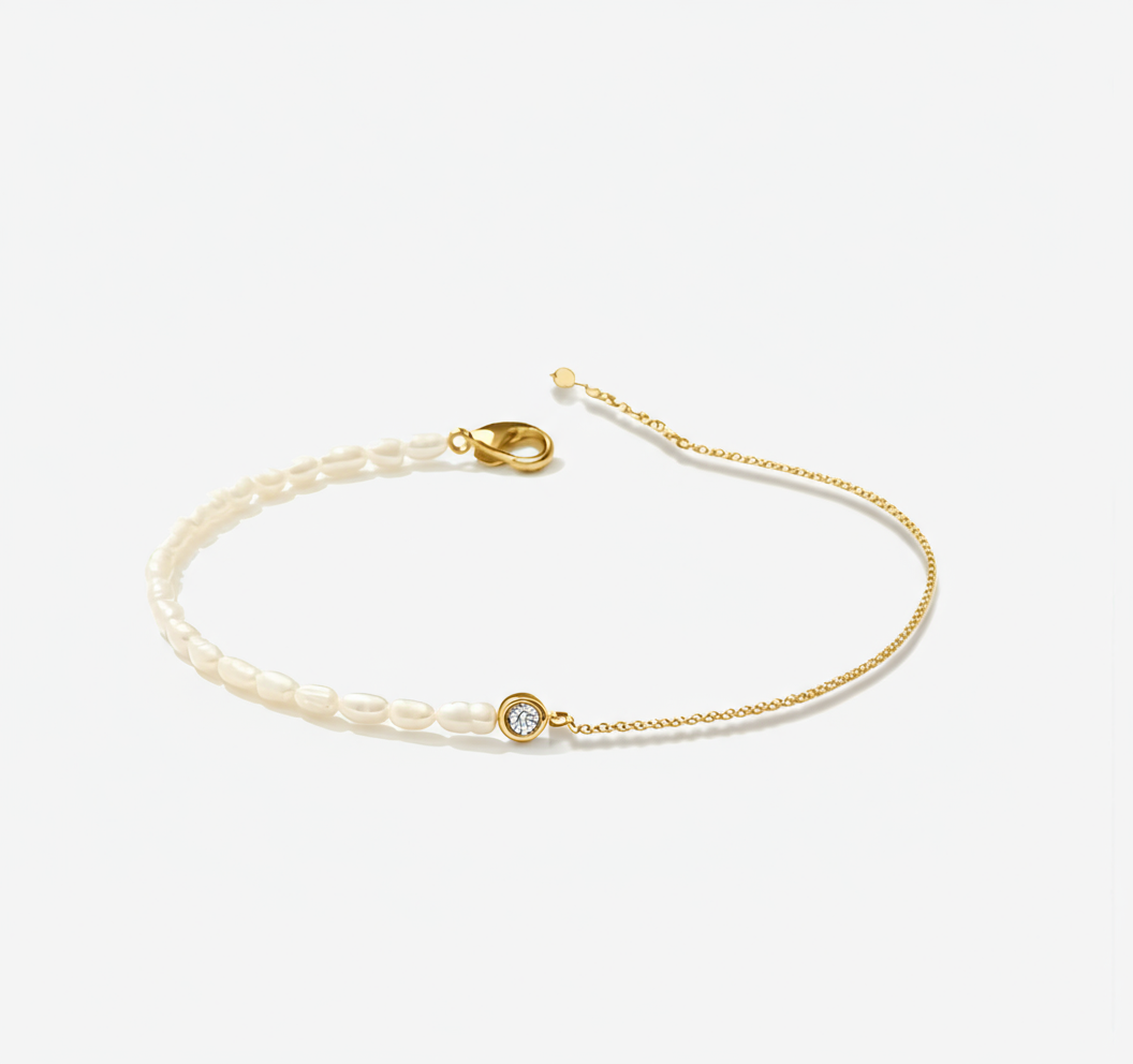 Rice Pearls with Gold Plated Stainless Steel Chain Bracelet