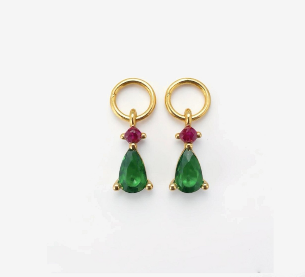 Gold jump ring with green teardrop-shaped gemstone charms and red stones for hoop earrings