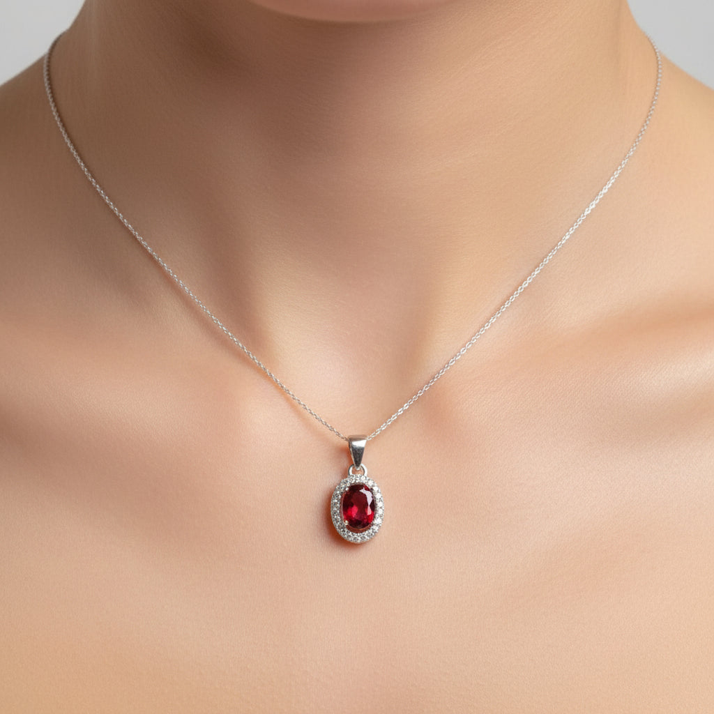 Red CZ Solitaire Sterling Silver Necklace