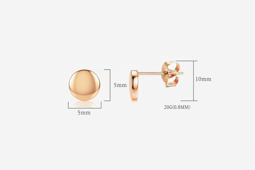 Gold dot earring with measurements on a white background
