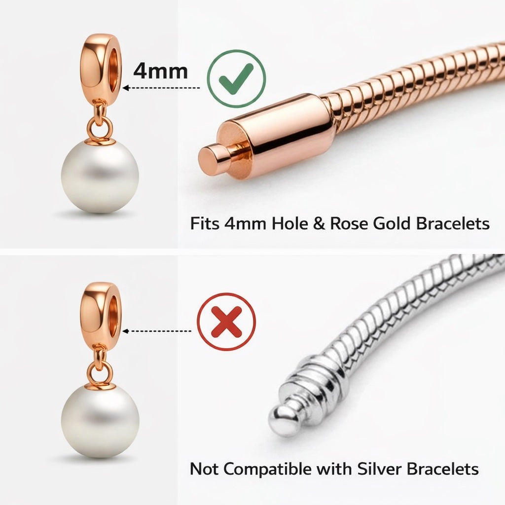 Rose gold bracelet with dangle pearl charm and compatibility information on a white background
