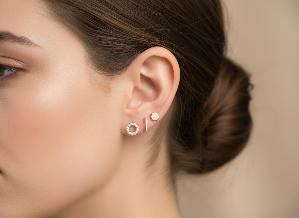 Close-up of a woman's ear wearing rose gold earrings in different styles