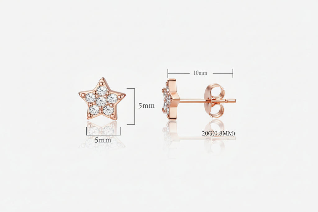 Rose gold star-shaped earrings with measurements on a white background