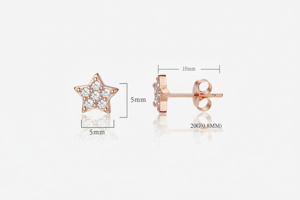Rose gold star-shaped earrings with measurements on a white background
