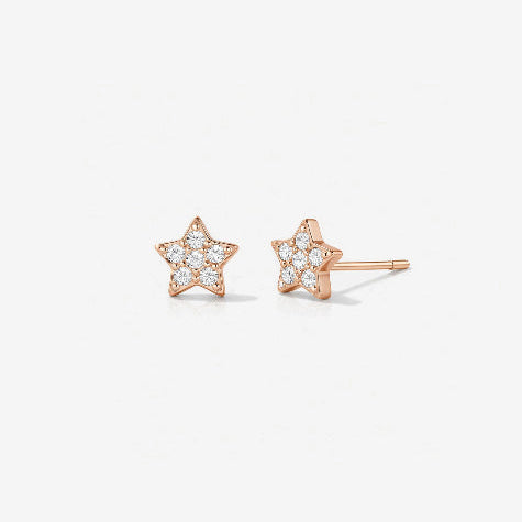 Rose gold star-shaped earrings with clear gemstones on a white background