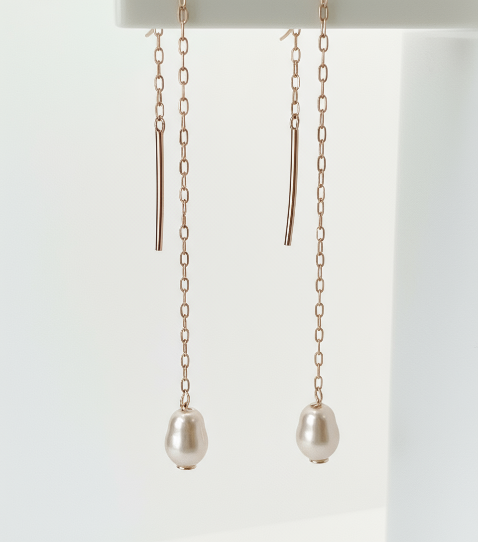 Rose Gold and Pink Pearl Silver Thread Earrings