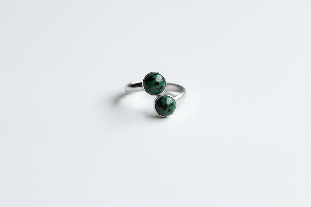Stainless steel adjustable ring with two unakite stones
