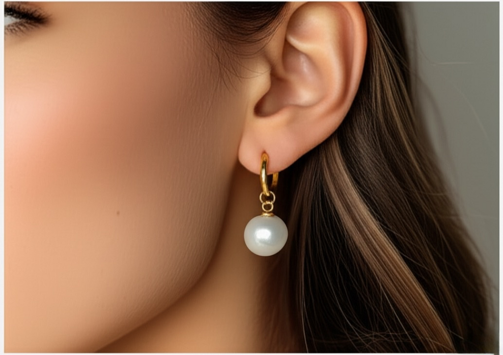 Pearl earring dangle charms on hoops worn by a person