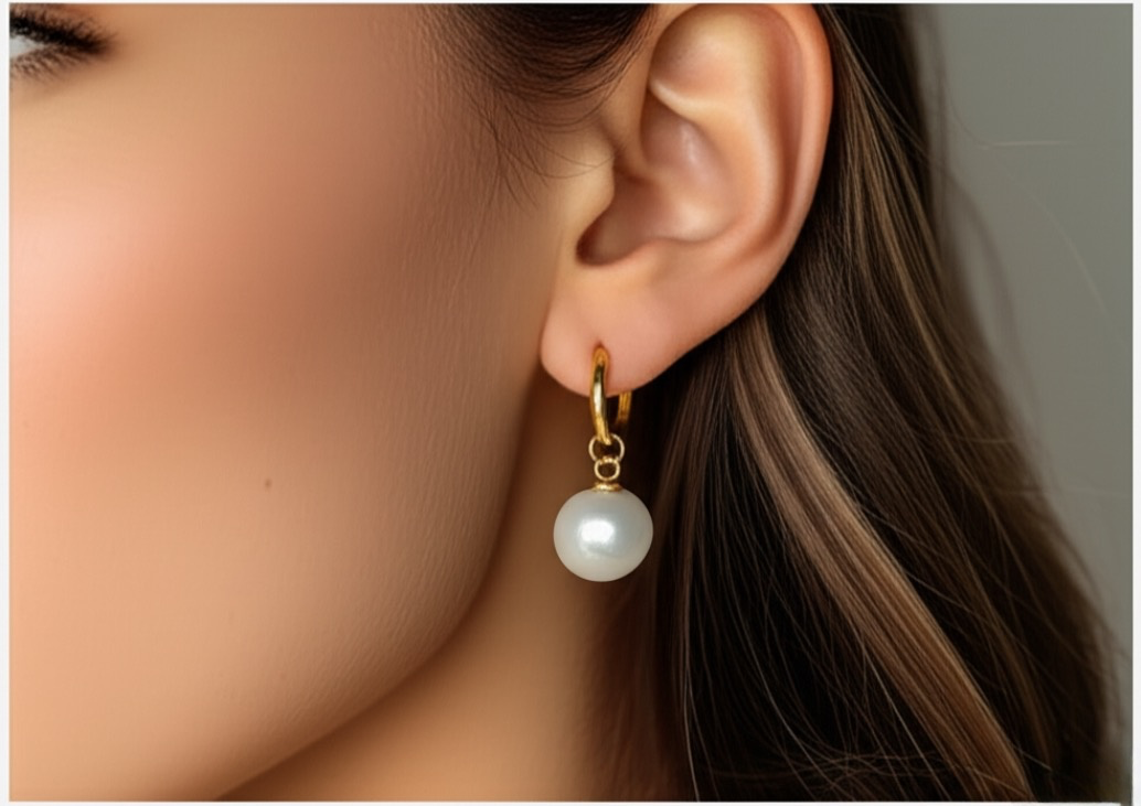 Pearl earring dangle charms on hoops worn by a person