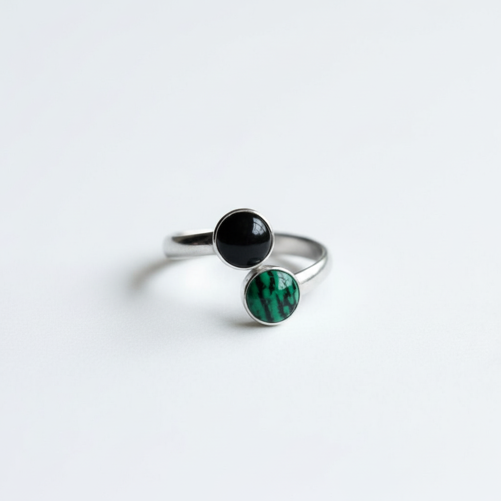 Black Onyx and Malachite Gemstones Stainless Steel Ring