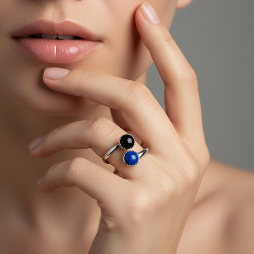 Black Onyx and Lapis Lazuli Gemstones Ring