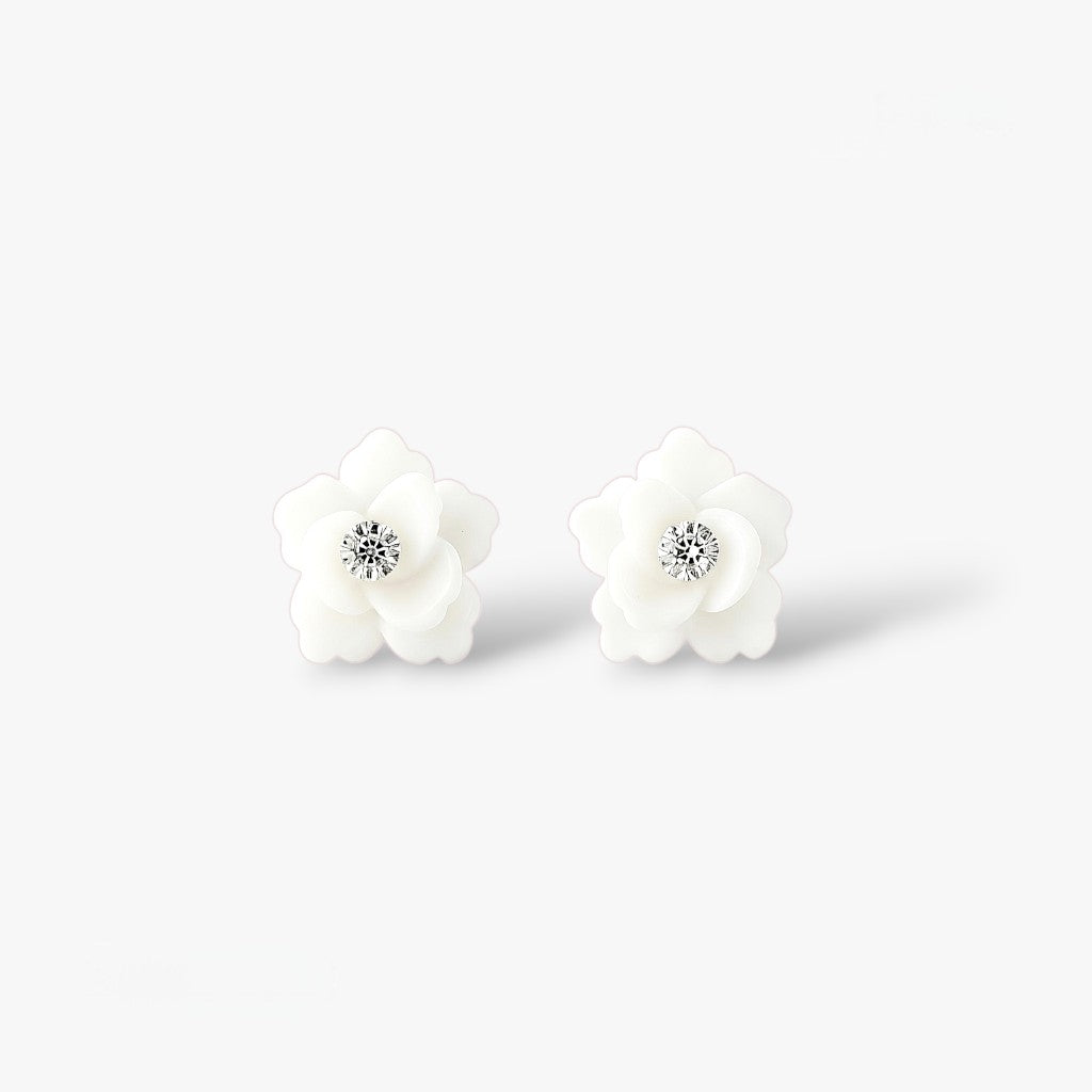 Small White Rose Sparkling Stud Earrings
